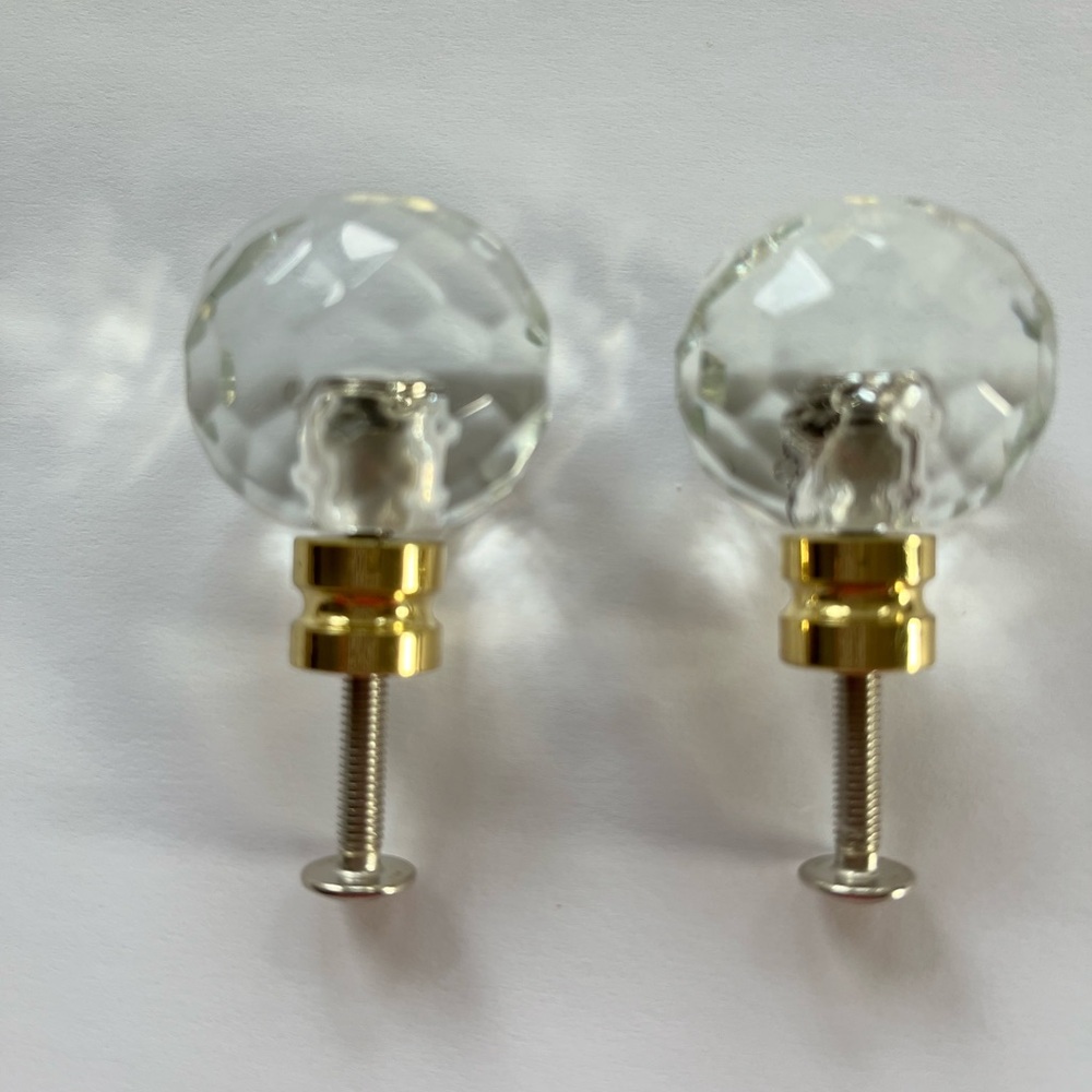 Pair of Vintage Highly Faceted Glass Draw Pulls With Gold Brass Bases